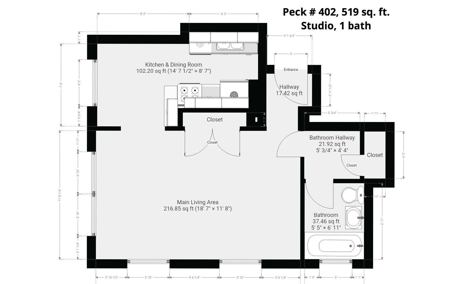A black and white floor plan of a studio apartment