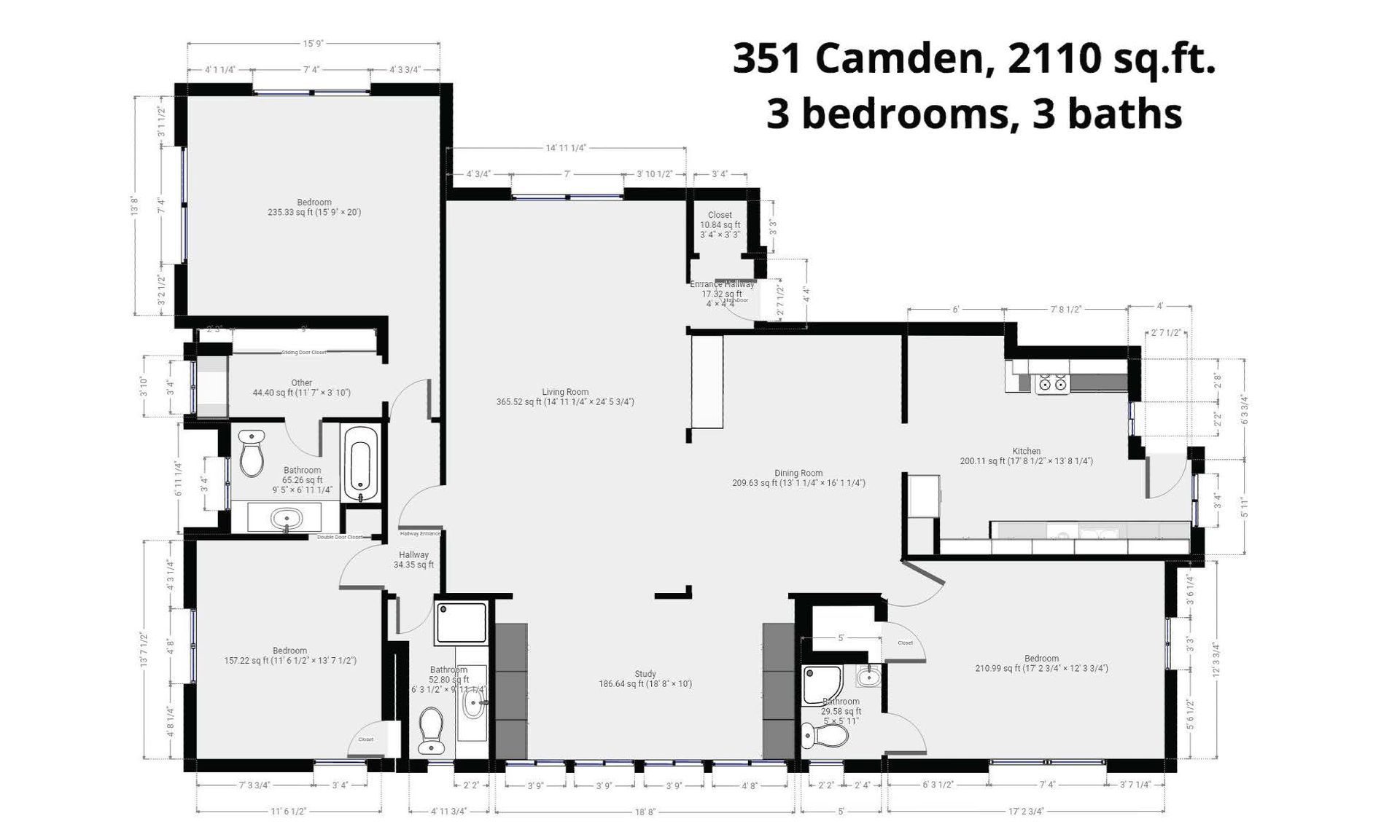 A black and white floor plan of 351 camden 2110 sq ft 3 bedrooms 3 baths