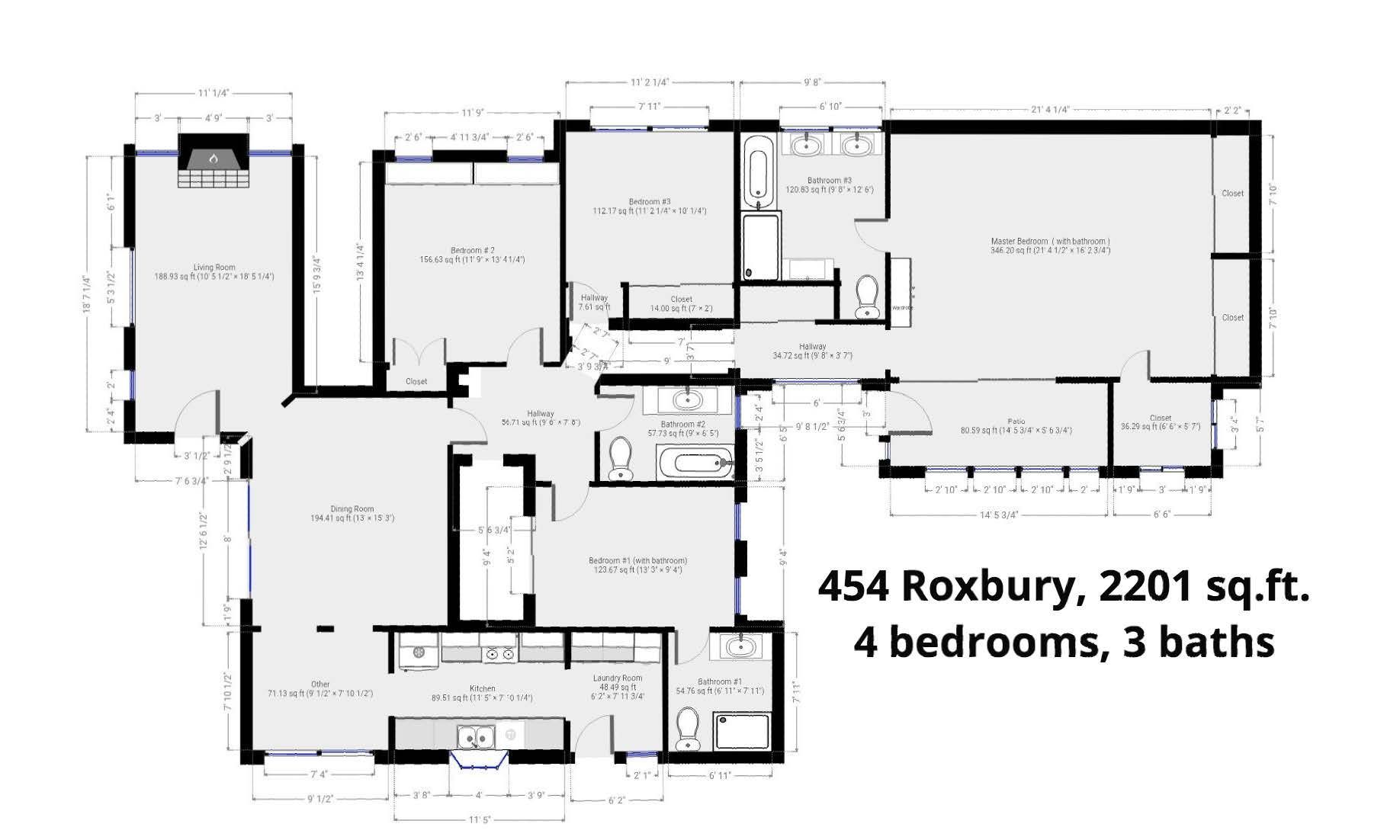 A floor plan of a house with four bedrooms and three bathrooms.
