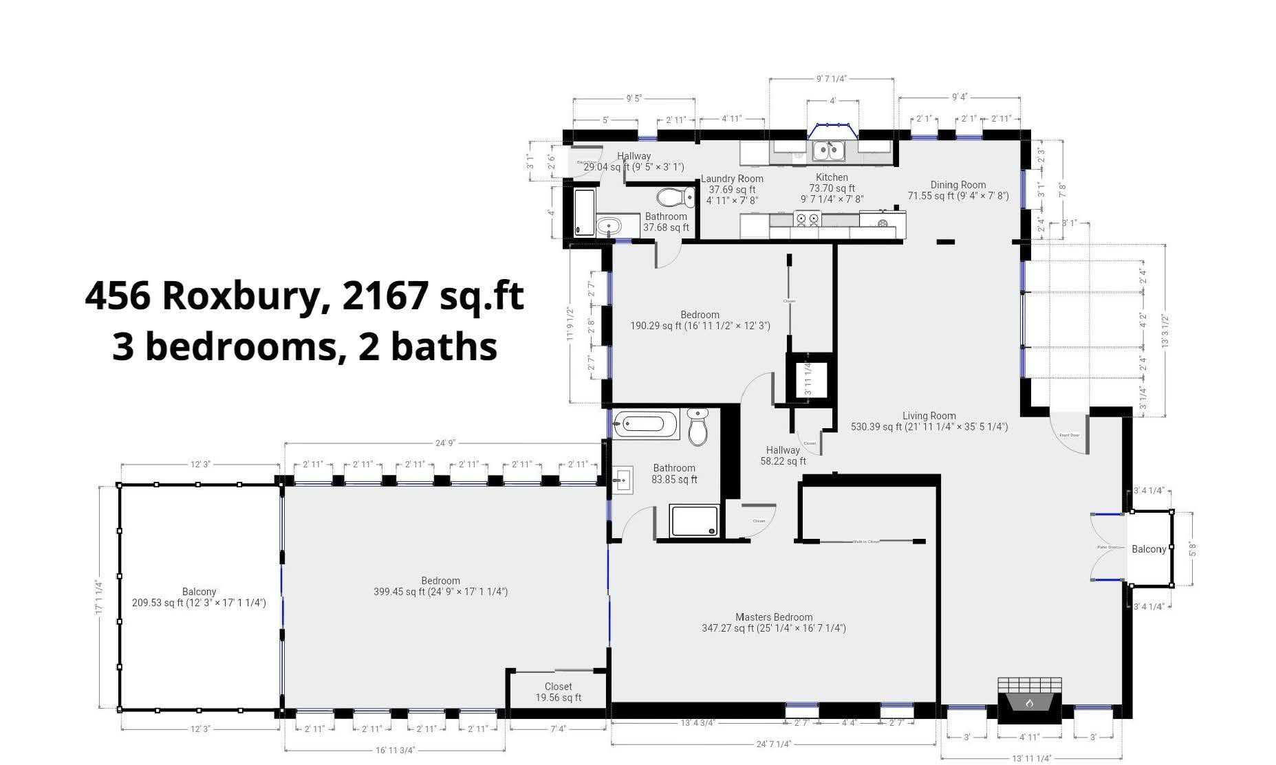 A floor plan of a house with three bedrooms and two bathrooms
