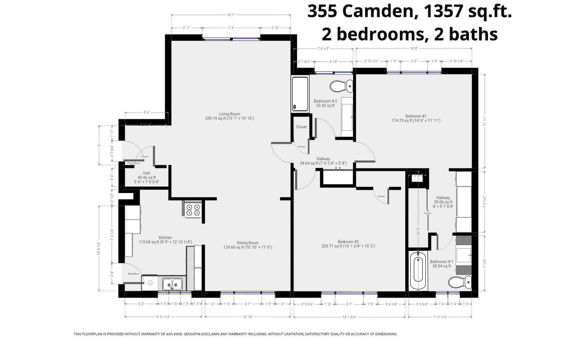 A floor plan of a house with two bedrooms and two bathrooms