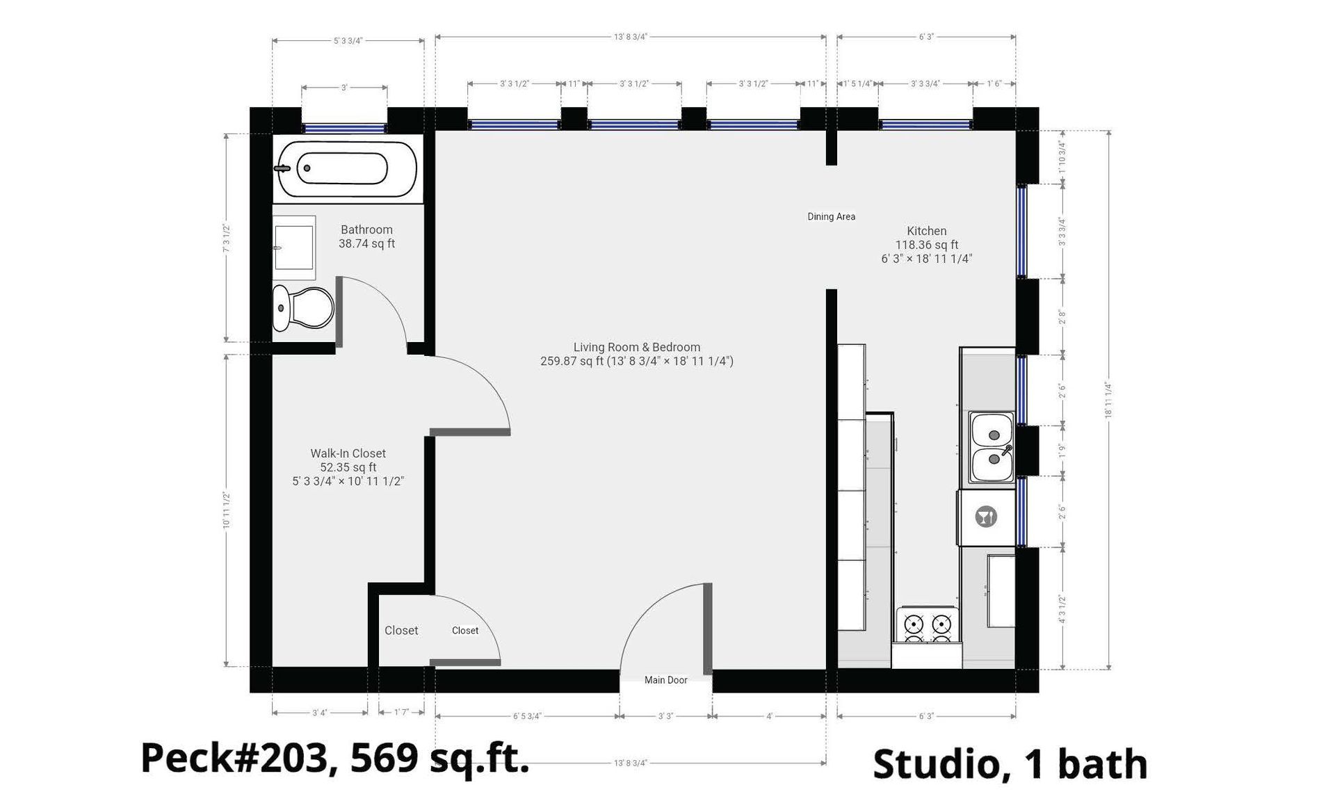 A floor plan of a studio apartment with a bathroom
