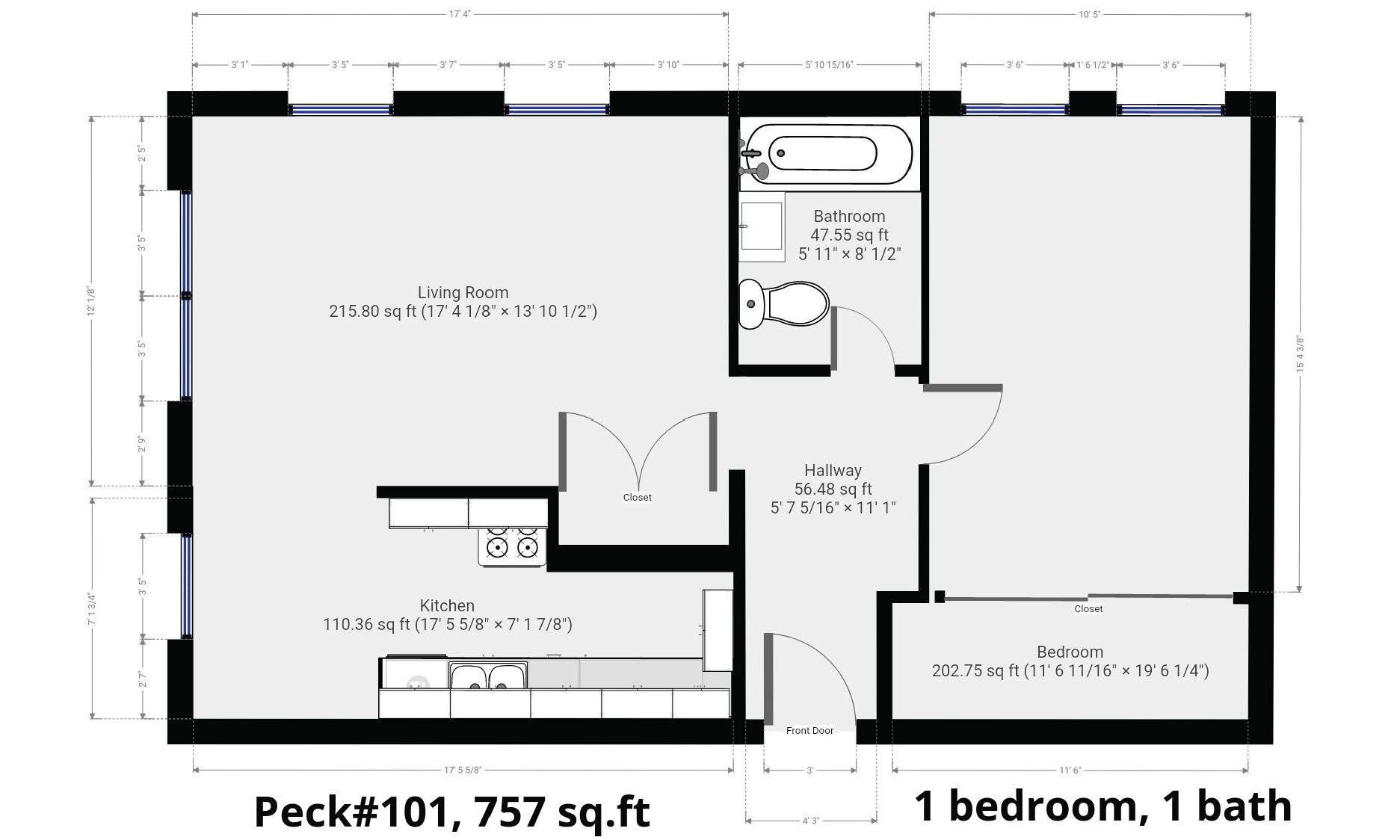 A black and white floor plan of a 1 bedroom apartment