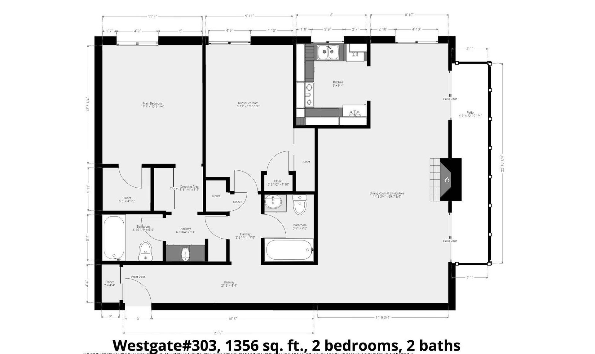A black and white floor plan of a house with two bedrooms and two bathrooms.