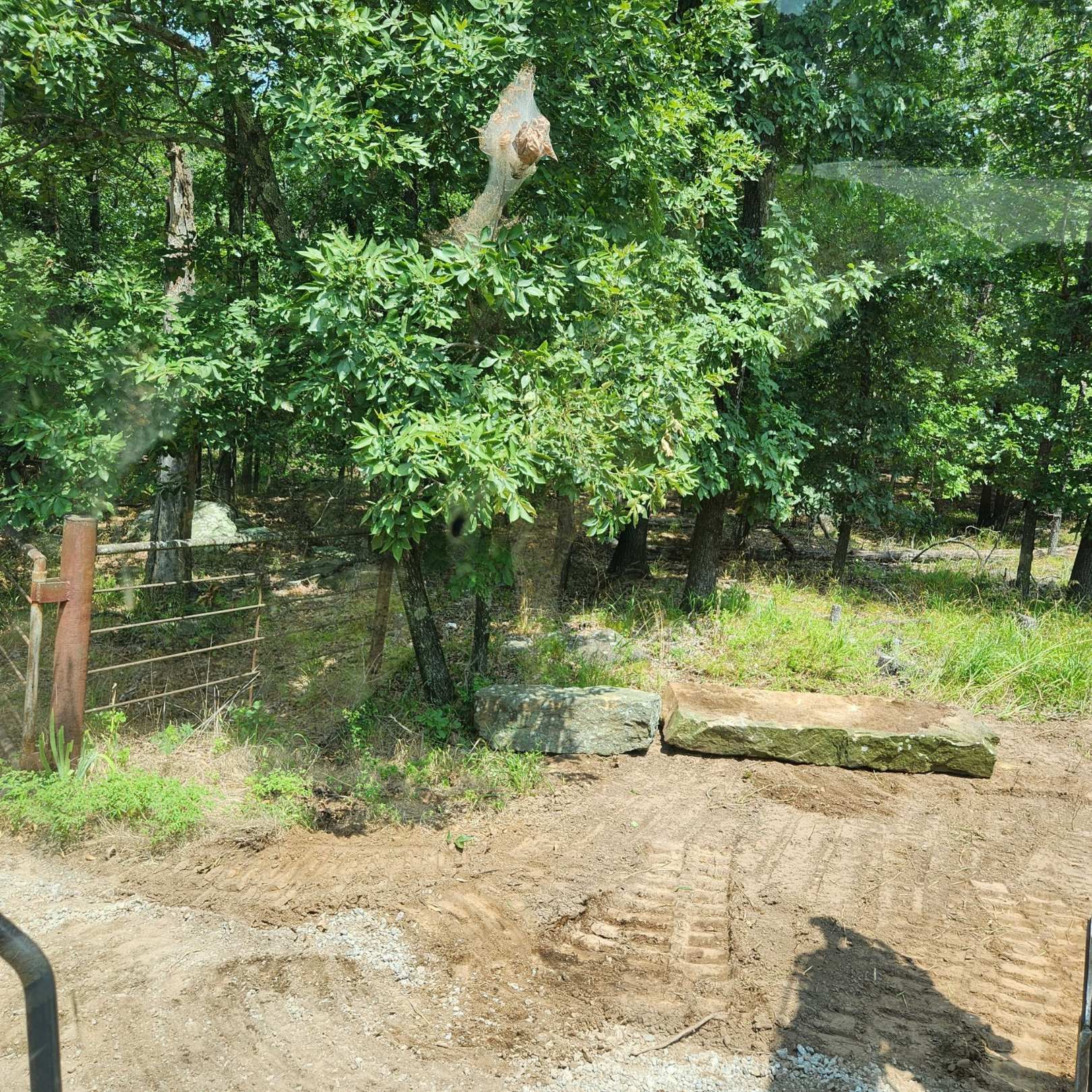 Dirt road in front of trees, a fence, and two flat rocks, with tire tracks in the dirt.