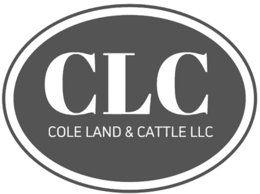 Logo for Cole Land & Cattle LLC: White letters "CLC" inside a dark gray oval, with "COLE LAND & CATTLE LLC" underneath.