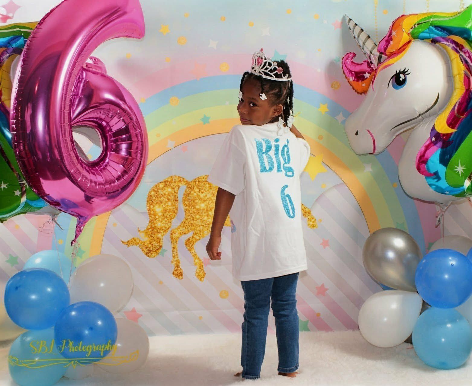 Child at a pastel rainbow birthday backdrop with “Big 6” shirt, balloons, and a unicorn decoration