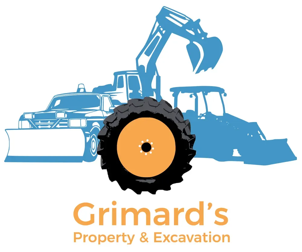 Grimard&rsquo;s Property & Excavation logo with blue excavator, bulldozer, and black/orange wheel