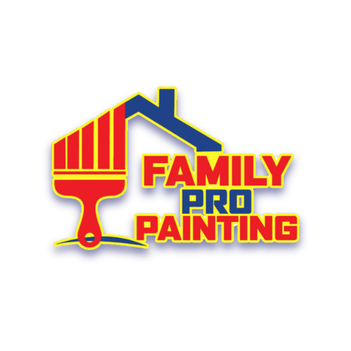 Family Pro Painting logo with a paint brush and house silhouette in red, yellow, and blue.