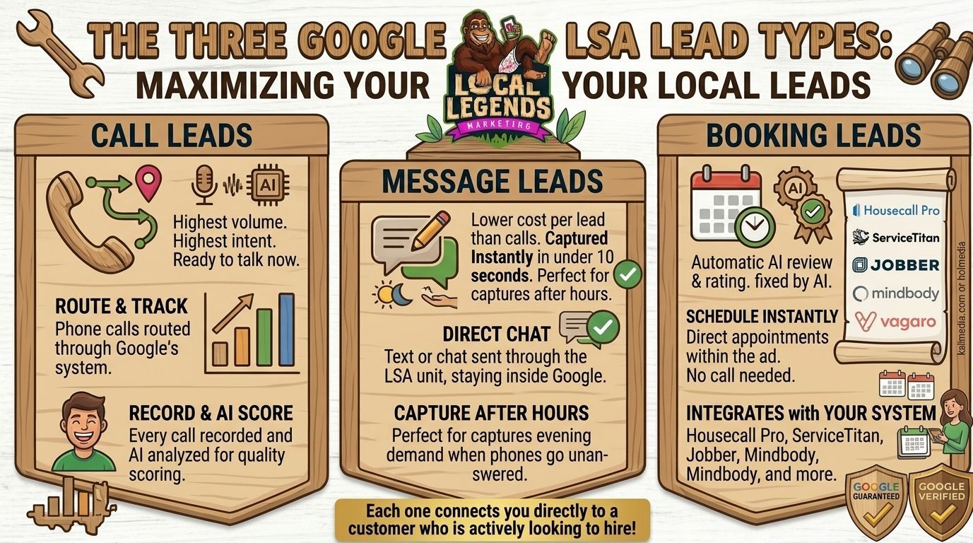 Local Legends Three Google LSA Lead Types - Visualizing Call, Message, and Booking leads