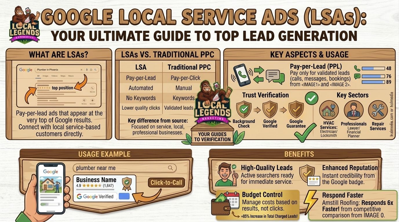 Google Local Services Ads explained by Local Legends Marketing, showing how Google LSA and LSA Google generate pay per lead calls, messages, and bookings directly from search. We build and optimize Google Local Service Ads profiles, align Google Business Profile signals, and control ranking through service areas, reviews, and response speed. Our system captures every lead with AI, responding in seconds, organizing calls, and turning Google Local Services traffic into booked jobs and real revenue.
