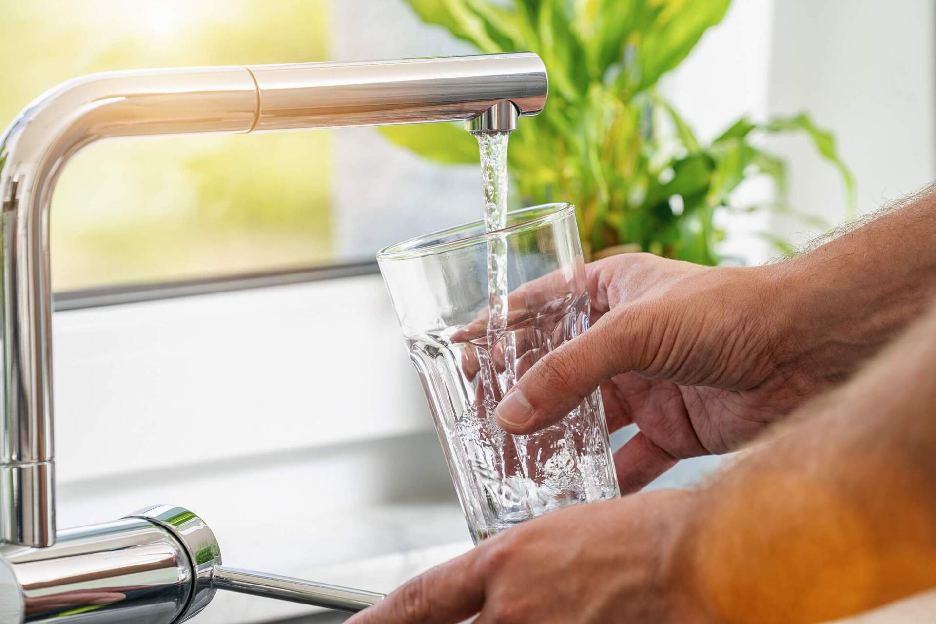 cliente mentre beve un bicchiere d'acqua dal rubinetto
