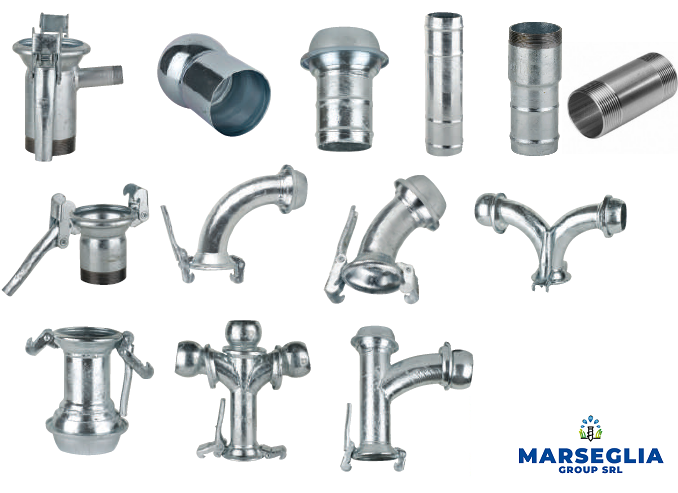 Collezione di raccordi per tubi in metallo argentato.