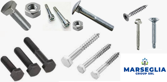 Assortimento di bulloni, viti e dadi su fondo bianco, con il logo 