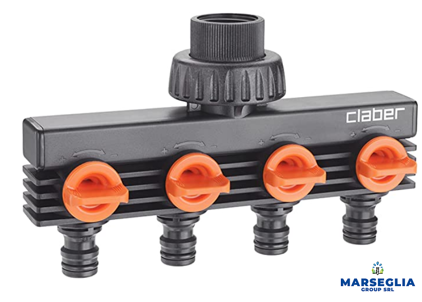 Divisore per tubo da giardino nero e arancione con quattro uscite e quadrante regolabile.