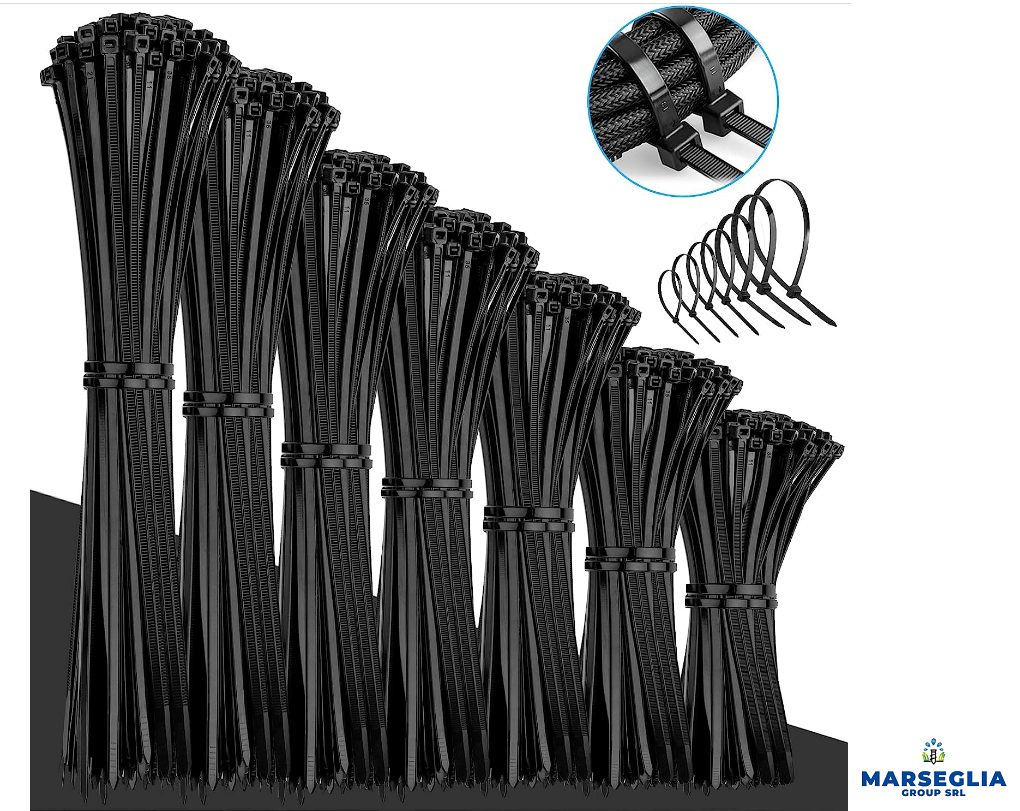 Fascette nere raggruppate insieme, in pile di diverse dimensioni. Inserto: fascette annodate.