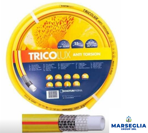 Tubo antitorsione Tricolux giallo con confezione che ne illustra le caratteristiche e sezione trasversale del tubo.