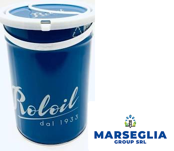 Secchiello per olio Roloil blu con coperchio e manico bianchi, logo Marsiglia Group SRL.