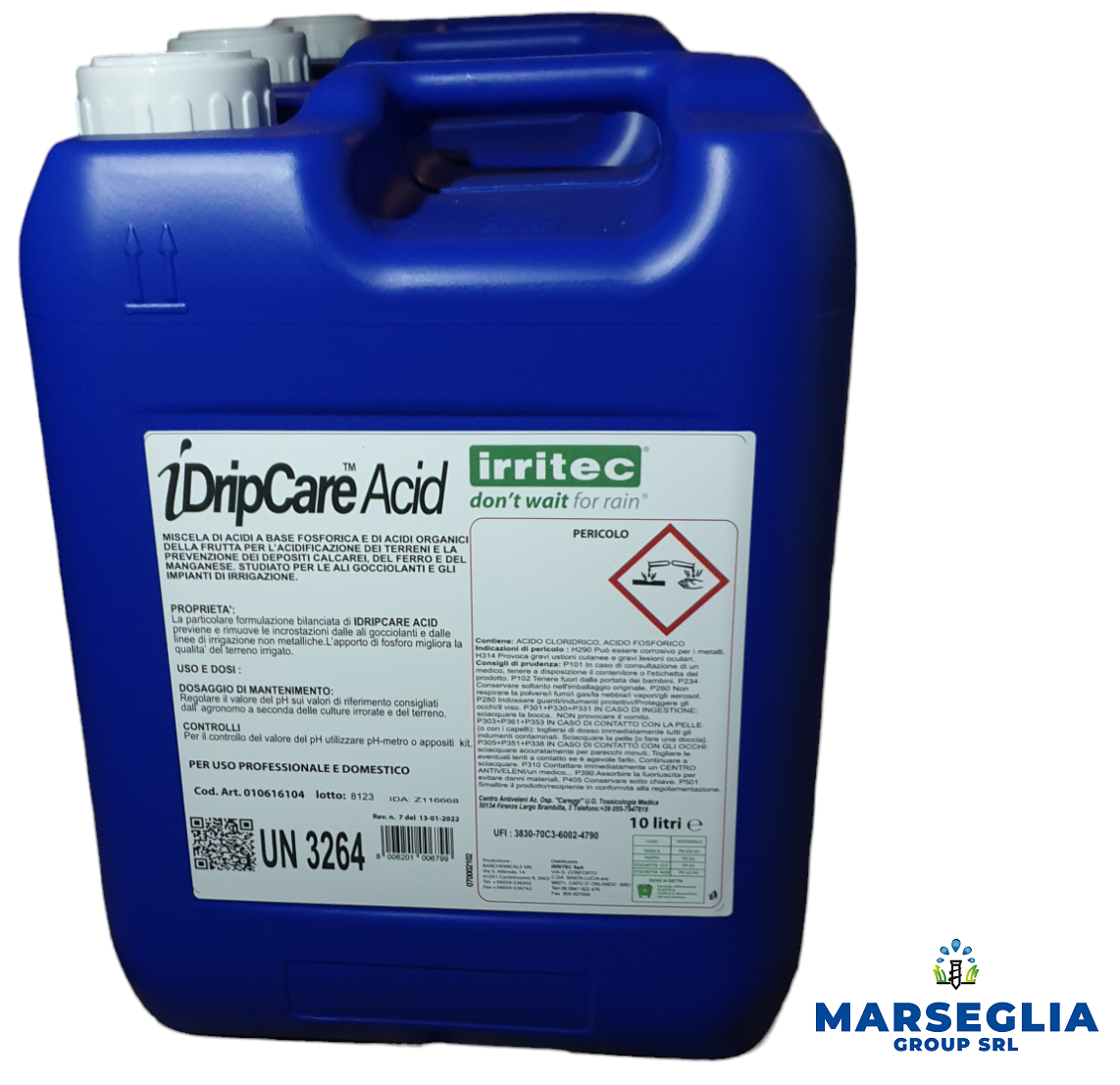 Contenitore di plastica blu di Irritec iDripCare Acid, prodotto chimico per impianti di irrigazione.