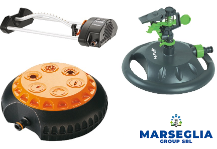 Tre diversi irrigatori per prato: oscillante, a impatto e multi-getto.