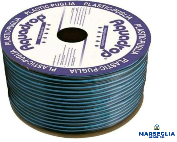 Bobina di tubo di irrigazione in plastica blu con etichetta 