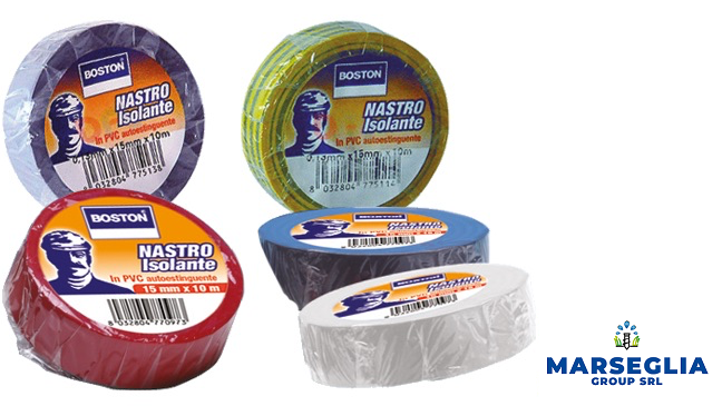 Rotoli di nastro isolante colorato, della Boston, nei colori rosso, bianco, blu, nero e giallo.
