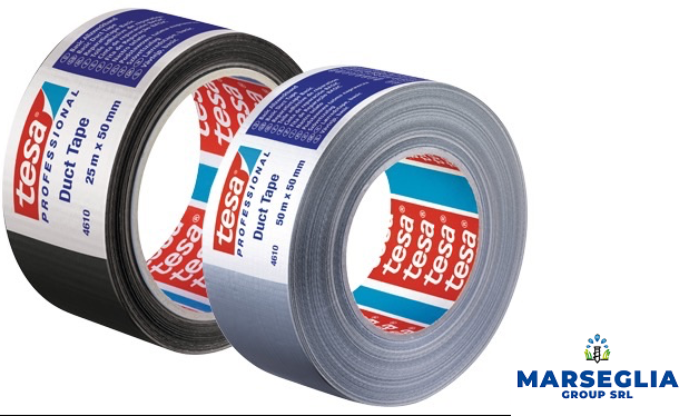 Due rotoli di nastro adesivo Tesa Professional, nero e argento, con etichette visibili.