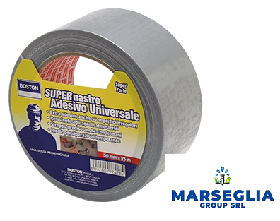 Rotolo di nastro adesivo grigio con etichetta gialla e blu, marca 