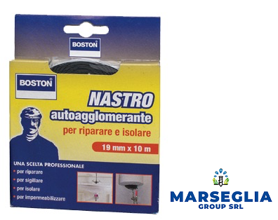 Scatola di nastro autoagglomerante Boston, giallo e blu, con nome del prodotto e dimensioni.