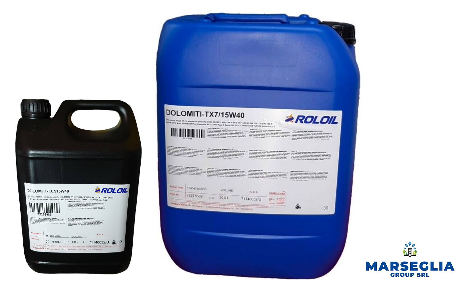 Due contenitori di olio RolOil. Brocca nera a sinistra, contenitore blu a destra, entrambi con etichette.