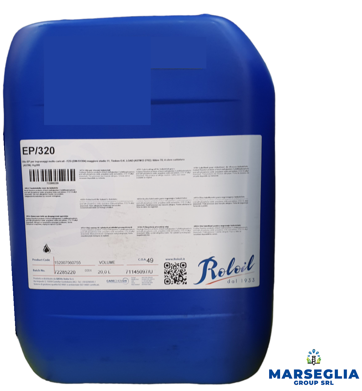 Contenitore industriale blu con etichetta prodotto 