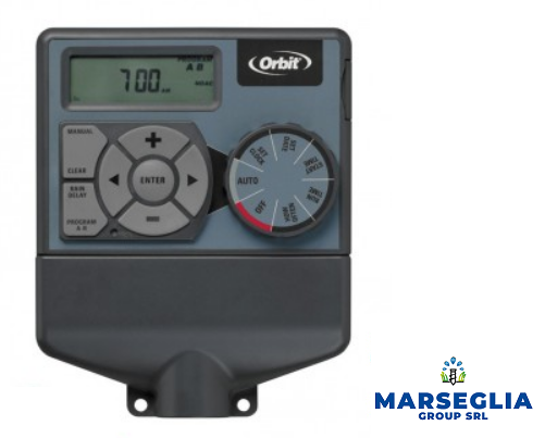 Timer per irrigazione Orbit con display digitale, pulsanti e quadrante, grigio e blu.