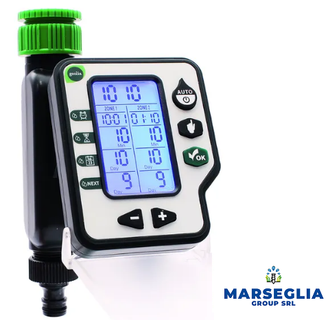 Timer digitale per l'acqua con schermo LCD, manopola verde e corpo nero.