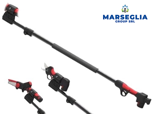 Forbici elettriche con manico allungabile. Design nero e rosso, logo sulla destra.