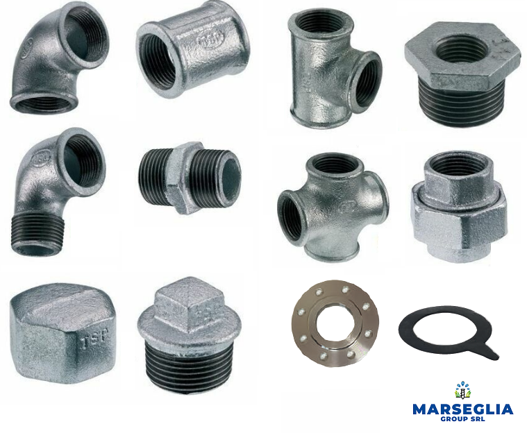 Assortimento di raccordi per tubi in acciaio zincato, tra cui gomiti, raccordi a T, flange e raccordi.