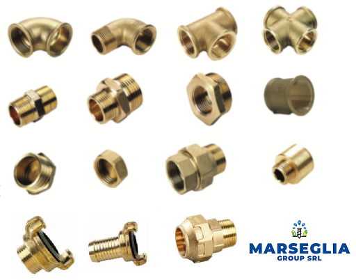 Raccordi per tubi in ottone, inclusi gomiti, raccordi a T, raccordi e connettori.