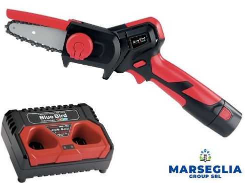 Mini motosega a batteria rossa e nera con caricabatterie, marca 