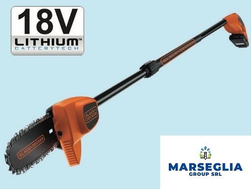 Motosega a batteria nera e arancione con braccio estensibile e batteria da 18 V.