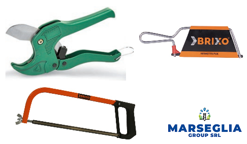 Utensili: tagliatubi verde, utensile arancione/nero, seghetto arancione. Logo Marseglia Group SRL.