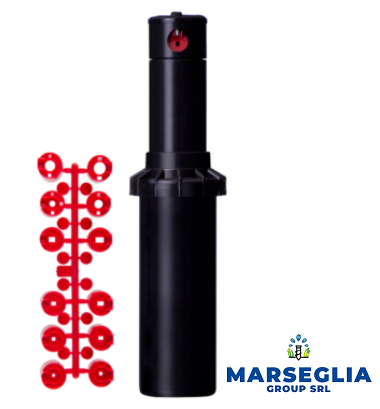 Irrigatore a scomparsa nero con set di ugelli rossi su sfondo bianco; logo 