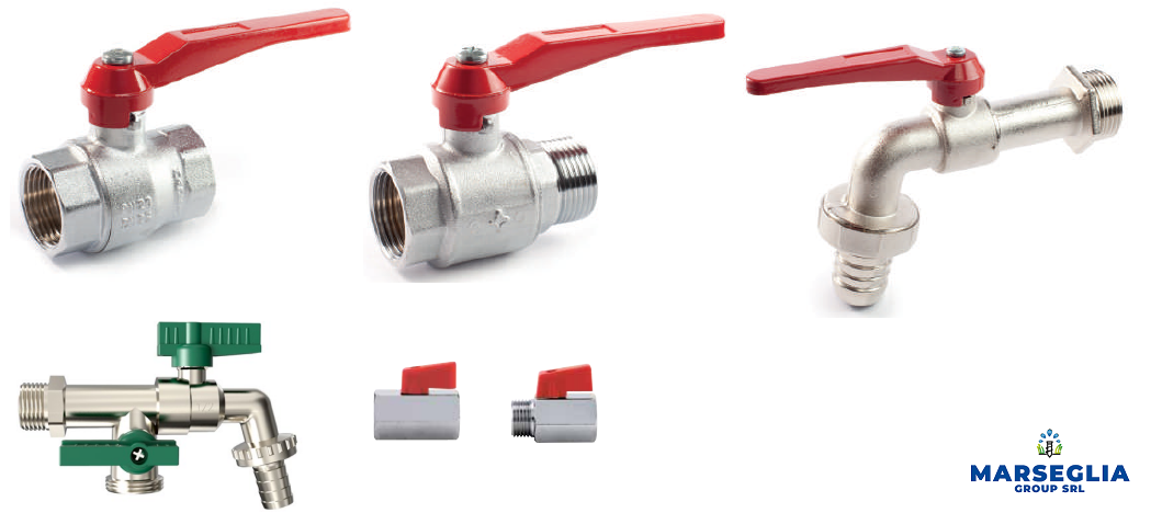Diverse valvole a sfera con maniglie rosse e verdi, su sfondo bianco.