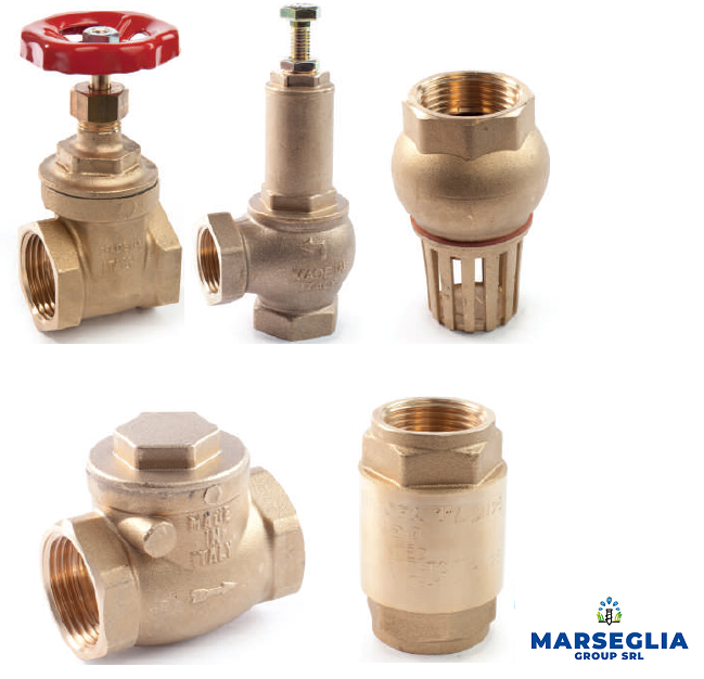 Cinque valvole idrauliche in ottone.