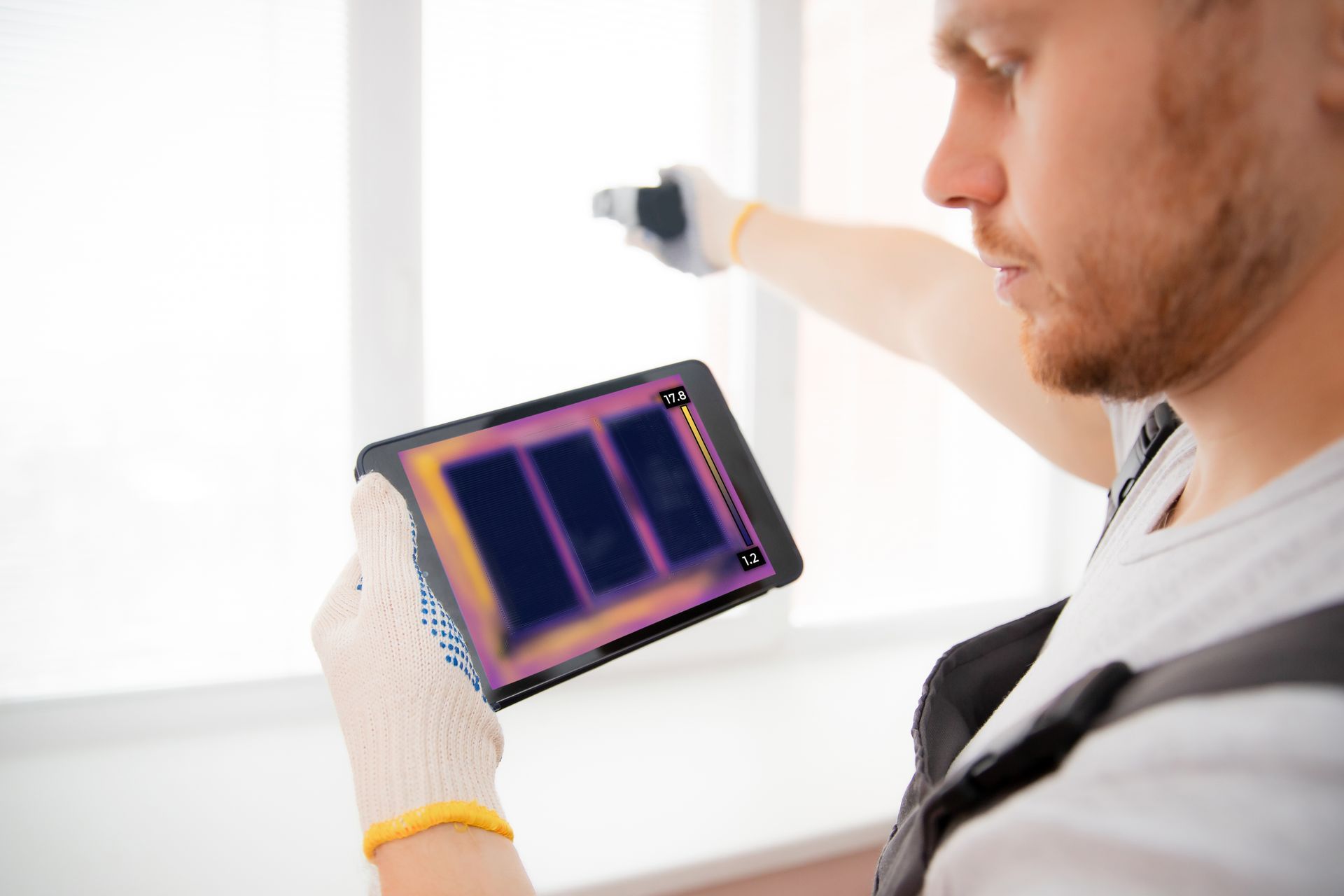 Man using thermal imaging device to check window insulation.