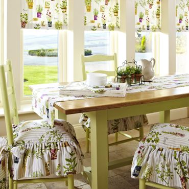 table runner, curtains, and seat covers