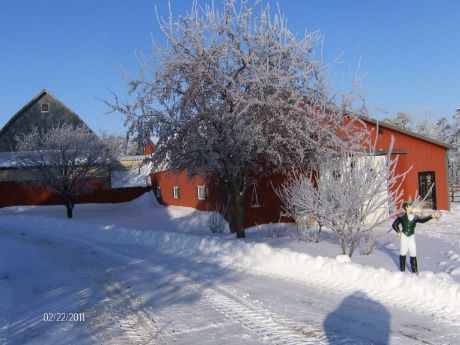 A person standing in the snow in front of a red building