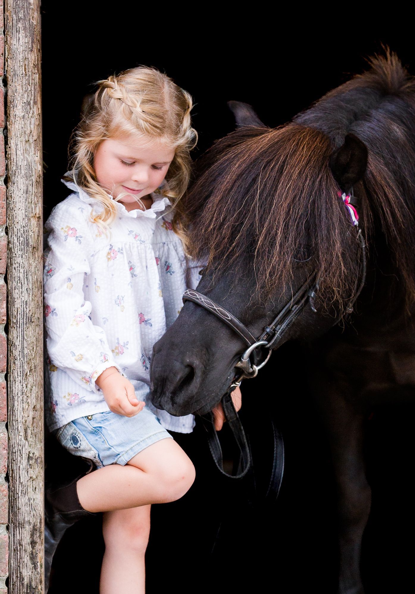 Girl in floral shirt and denim shorts pets a black pony in a barn doorway.