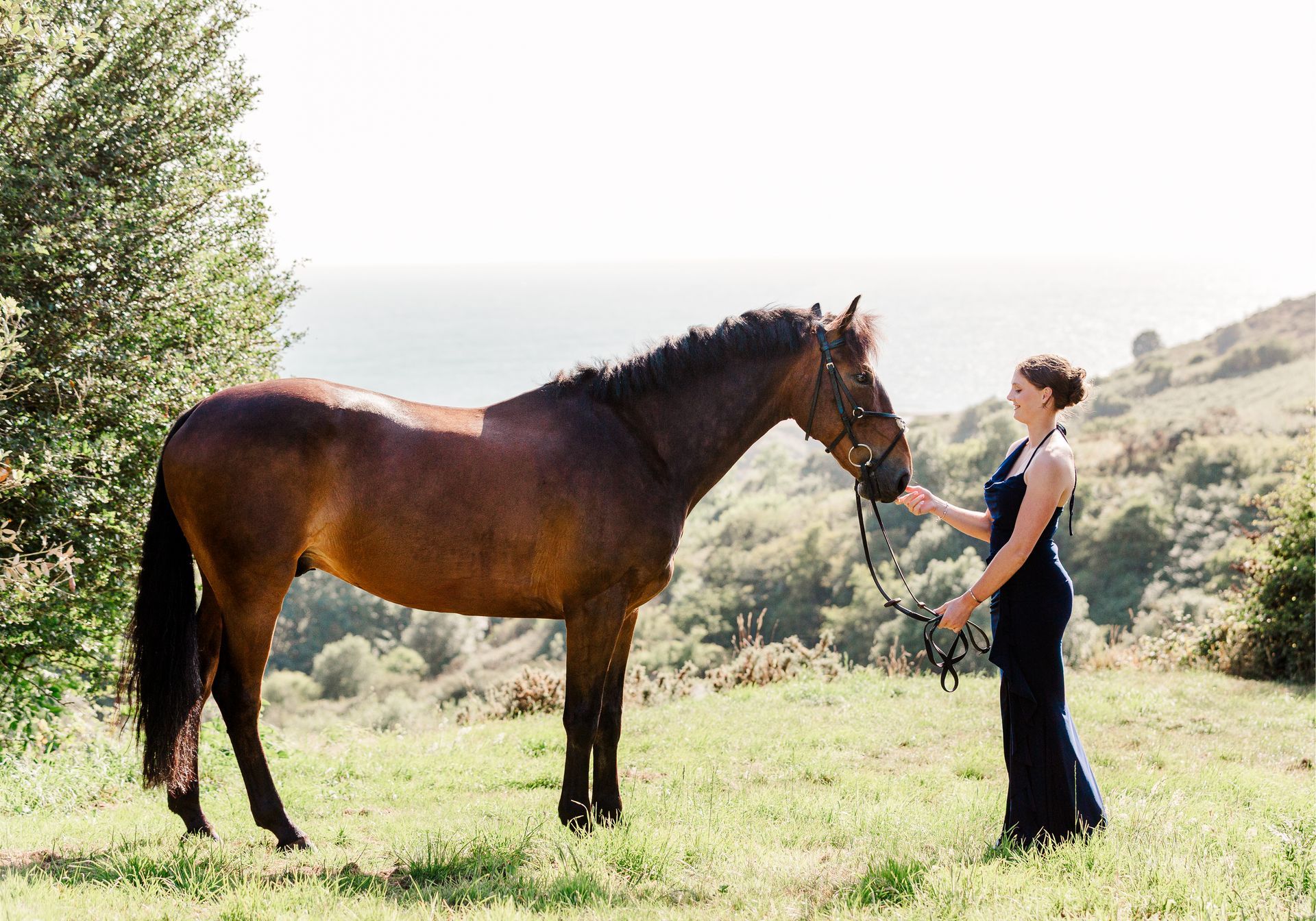 Woman in dark dress holding a brown horse on a grassy hillside with ocean in the background.
