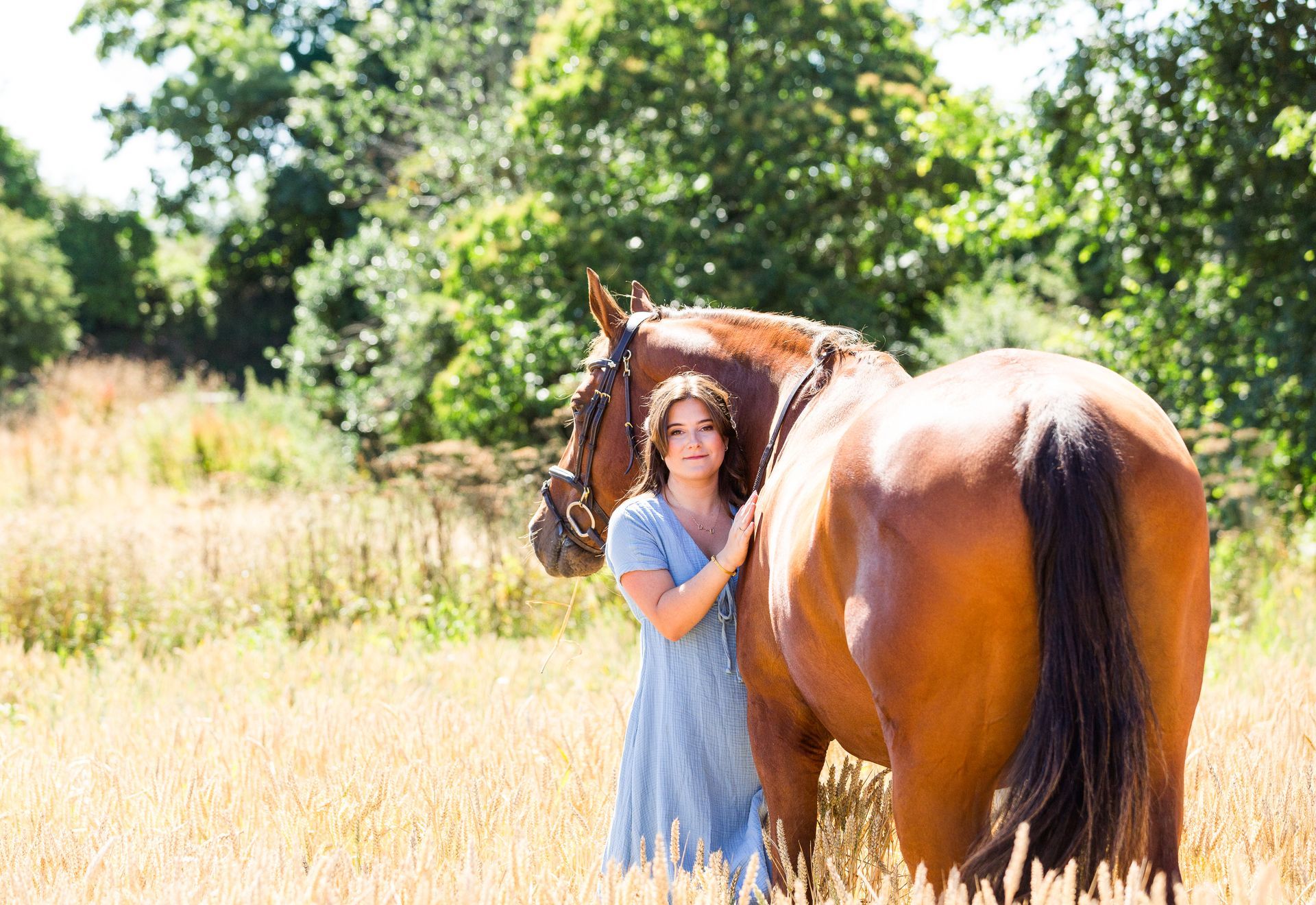 Woman in blue dress stands next to a brown horse in a sunny field.