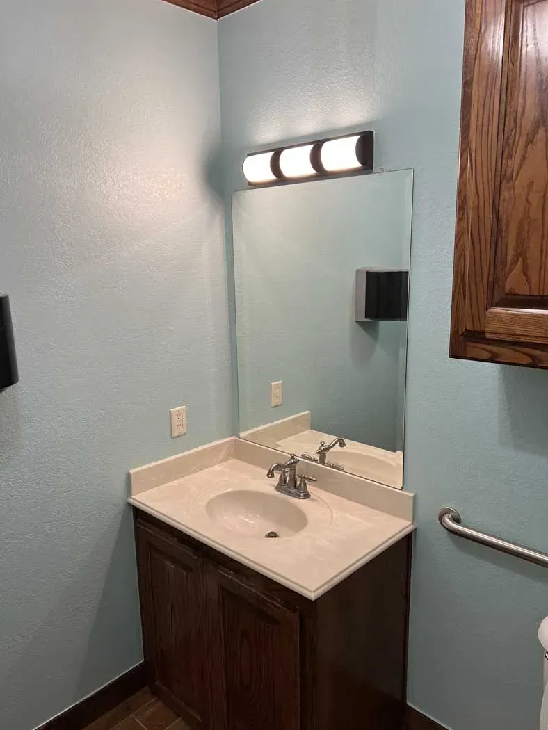 Bathroom with blue walls, wood cabinetry, sink, mirror, and a light fixture.