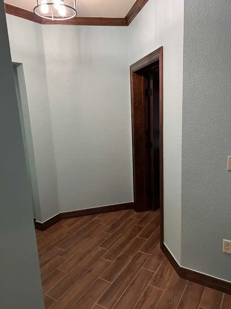 Hallway with wood floors, brown doorframe, and light blue walls. A light fixture is mounted on the ceiling.